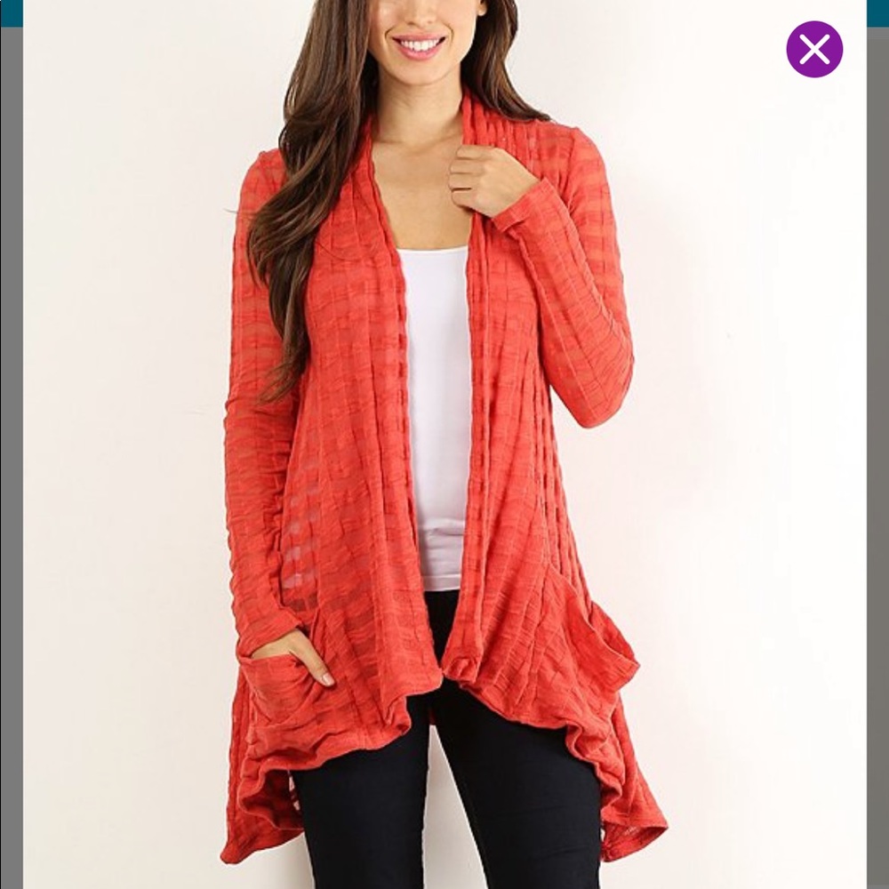 Pretty Young Thing-Salmon cardigan-shadow striped ruffled sidetail hem & pockets
